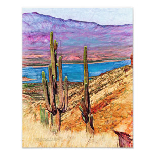 Impression Photo Saguaro Cactus Blue Lake Purple Mountains Arizona