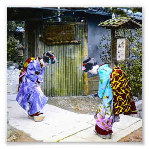 Impression Photo Salutations de geisha à la porte vieux Japon