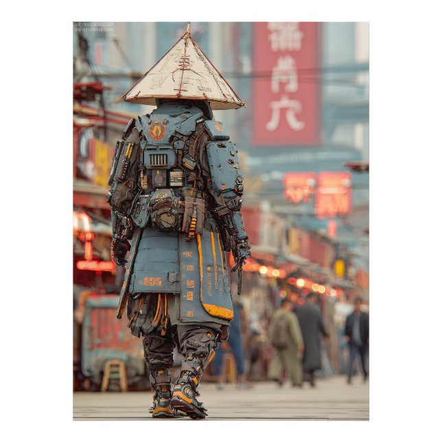 Impression Photo Samouraï Cyberpunk Méca Chapeau Conique (Devant)