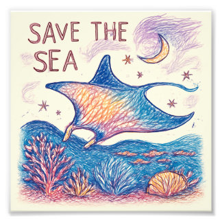 Impression Photo Sauvez la mer - Dessin au crayon de couleur océan
