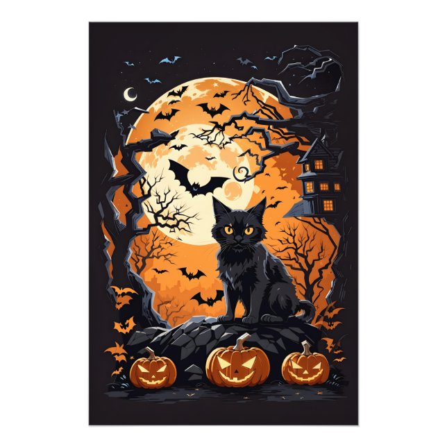 Impression Photo Scène d'Halloween avec chats, araignées et Citroui (Devant)