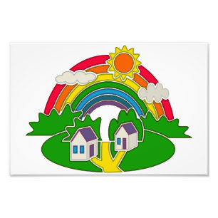 Impression Photo Scène rurale avec arc-en-ciel et maison de campagn