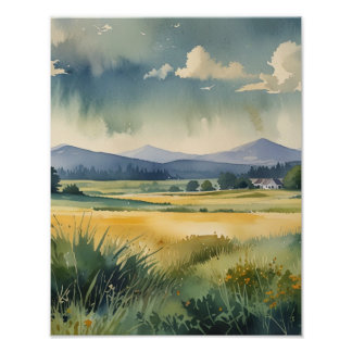 Impression Photo Scène Rustique de Campagne Affiche Aquarelle