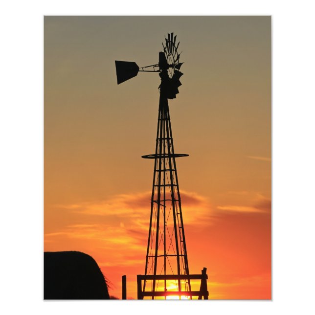 Impression Photo Silhouette de moulin à vent Kansas coucher de sole (Devant)