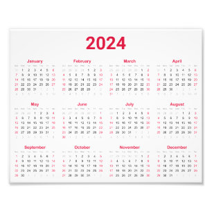 Impression Photo Simple Rouge & Blanc 2024 Année En Aperçu Calendri