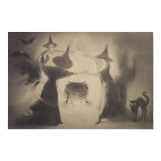 Impression Photo Sorcière Sépia Chauve-Souris Nuit Chaudron Chat No (Devant)