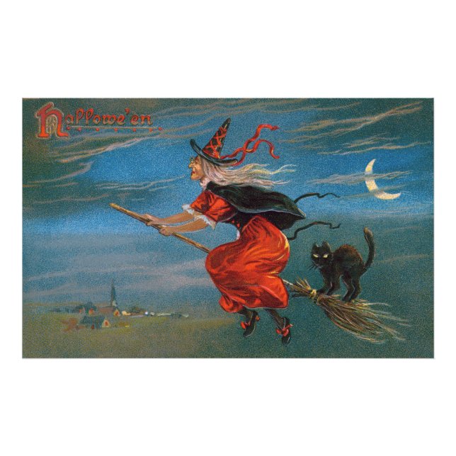 Impression Photo Sorcière volant avec chat noir la nuit d'Halloween (Devant)