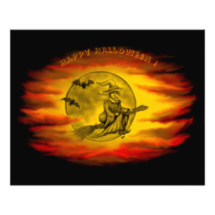 Impression Photo Sorcière volante avec chat noir, nuit halloween