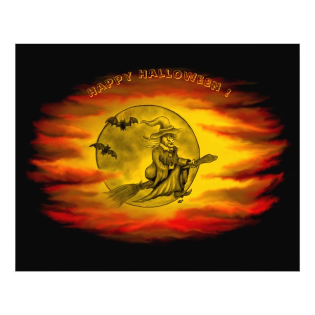 Impression Photo Sorcière volante avec chat noir, nuit halloween (Devant)