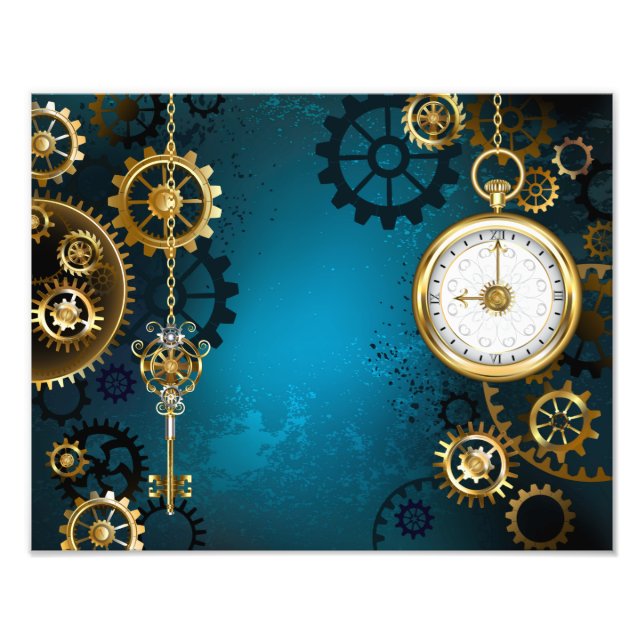 Impression Photo Steampunk Arrière - plan turquoise avec Gears (Devant)
