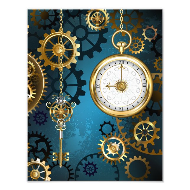Impression Photo Steampunk Arrière - plan turquoise avec Gears (Devant)