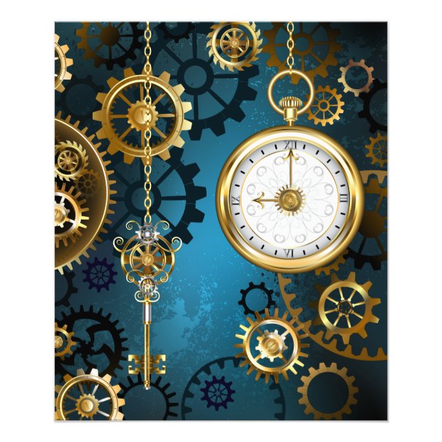 Impression Photo Steampunk Arrière - plan turquoise avec Gears (Devant)