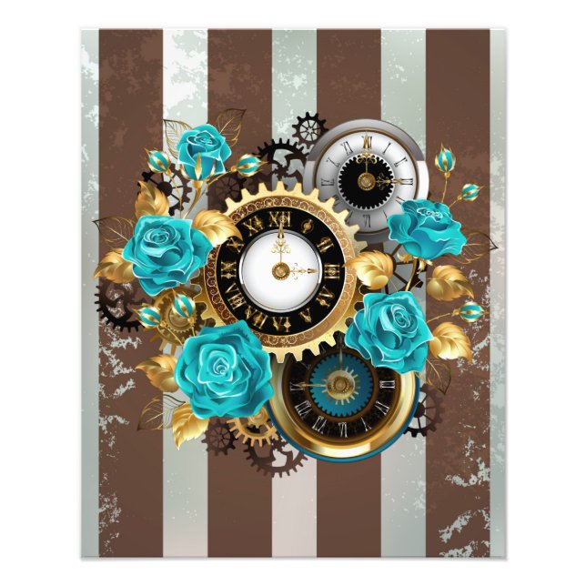 Impression Photo Steampunk Clock and Turquoise Roses on Striped (Devant)