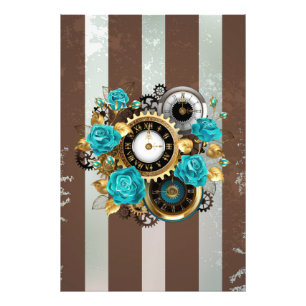 Impression Photo Steampunk Clock and Turquoise Roses on Striped