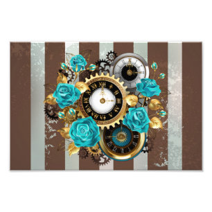 Impression Photo Steampunk Clock and Turquoise Roses on Striped