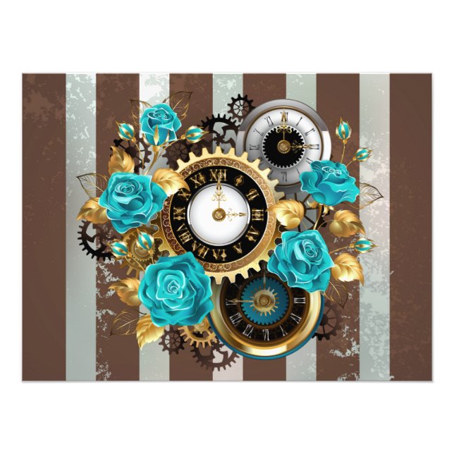 Impression Photo Steampunk Clock and Turquoise Roses on Striped (Devant)