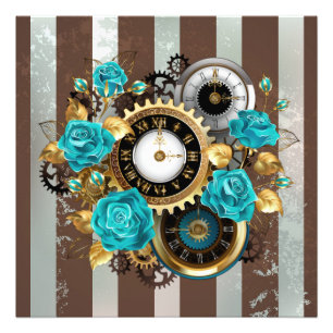 Impression Photo Steampunk Clock and Turquoise Roses on Striped