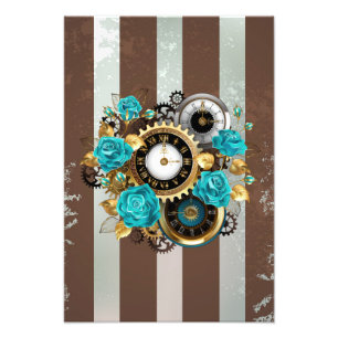 Impression Photo Steampunk Clock and Turquoise Roses on Striped