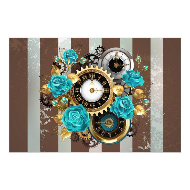 Impression Photo Steampunk Clock and Turquoise Roses on Striped (Devant)
