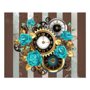 Impression Photo Steampunk Clock and Turquoise Roses on Striped