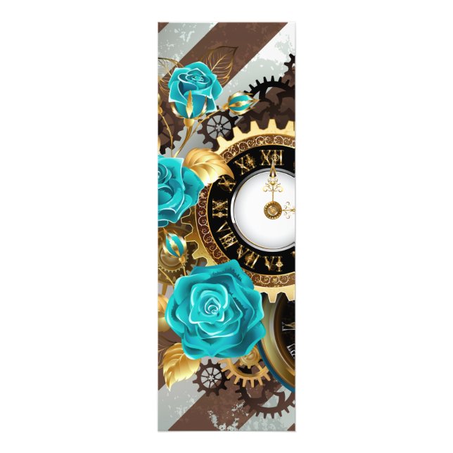 Impression Photo Steampunk Clock and Turquoise Roses on Striped (Devant)
