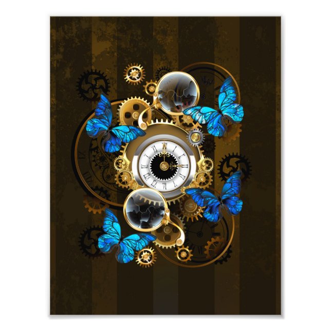 Impression Photo Steampunk Gears and Blue Butterflies (Devant)