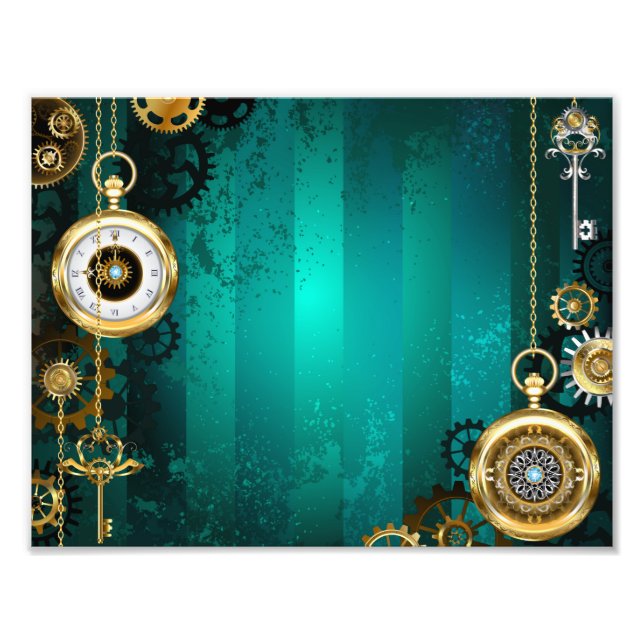 Impression Photo Steampunk Jewelry Watch on a Green Background (Devant)