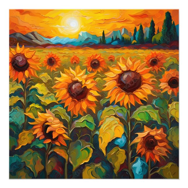Impression Photo Sunflowers field on sunset (Devant)