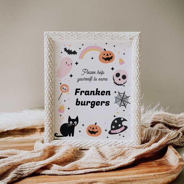 Impression Photo Symbole d'anniversaire d'Halloween noir rose rétro (Halloween Birthday party Sign Girl Pink Ghost Black Cat Hey Boo Halloween Birthday Food Sign Retro)