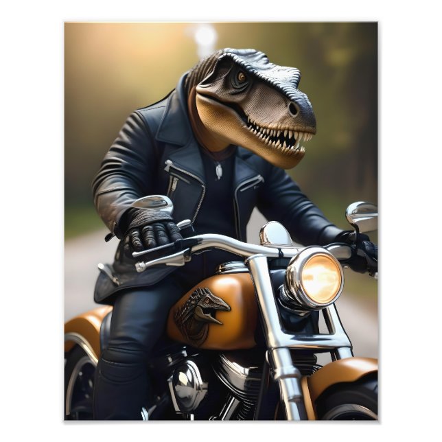 Impression Photo T-Rex Dinosaur Bikie En Moto, (Devant)