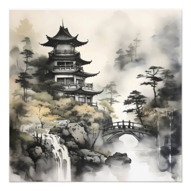 Impression Photo Tableau d'encre asiatique du jardin (Devant)