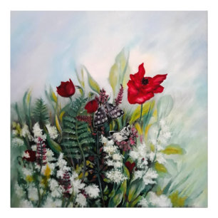 Impression Photo Terrain de fleurs printanières avec des coquelicot