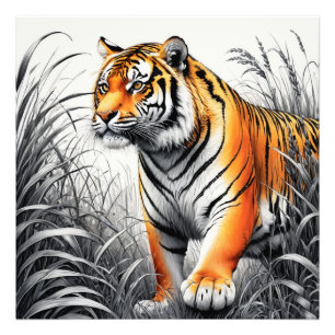 Impression Photo Tiger Art Color Partiel noir blanc dessin