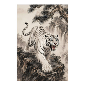 Impression Photo Tigre blanc rugissant, peinture à l'encre de Chine
