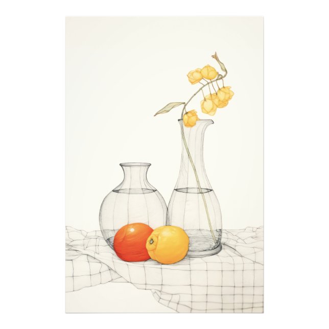 Impression Photo Tranquille vie morte avec fleurs et fruits (Devant)