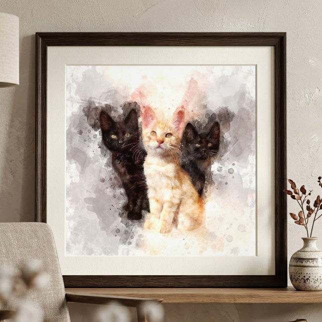 Impression Photo Trio aquarelle de mignons chatons noirs et orange (Watercolor Trio of Cute Black and Orange Kittens. Photo Print)