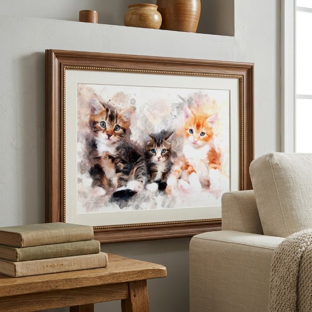 Impression Photo Trois beaux et mignons chatons aquarelle (Three beautiful and cute kittens watercolor. photo print )