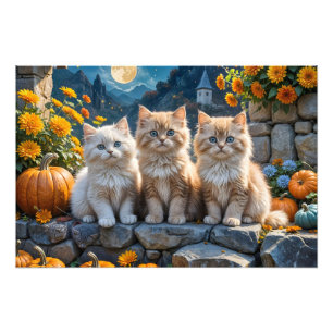 Impression Photo Trois chatons d'automne à la luffée avec Citrouill
