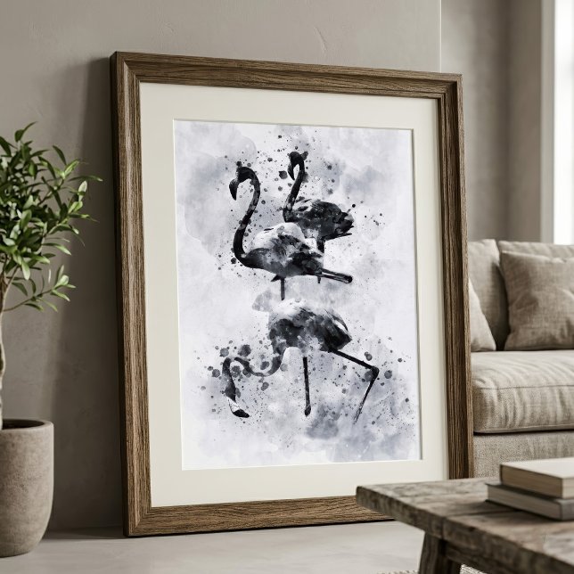 Impression Photo Trois flamants rose et blanc aquarelle (Three Flamingos Black and White Watercolor. Photo Print)