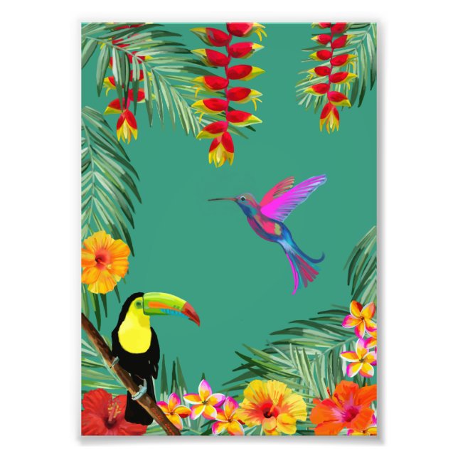 Impression Photo Tropical Delight hummingbird toucan flowers  (Devant)