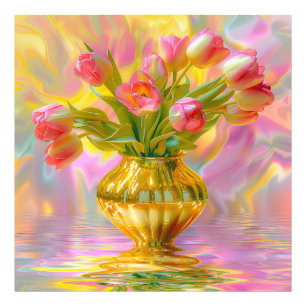 Impression Photo Tulipes roses vibrantes dans le Vase d'or
