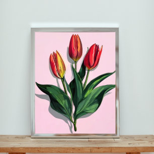 Impression Photo Tulipes rouges et jaunes vibrantes sur rose