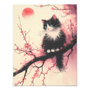 Impression Photo Tuxedo Chat sur la fleur de cerise esthétique japo
