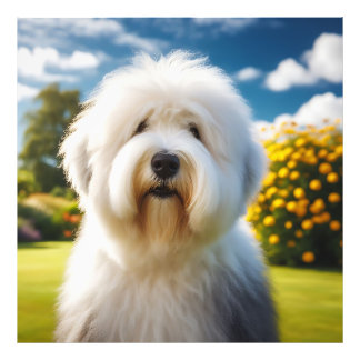 Impression Photo Um Old English Sheepdog no Jardim Florido
