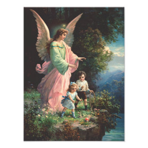 Impression Photo Un ange gardien protégeant les enfants près d'une 