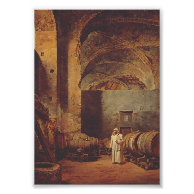 Impression Photo Un moine dans les ruines d'une cave à vin (Devant)