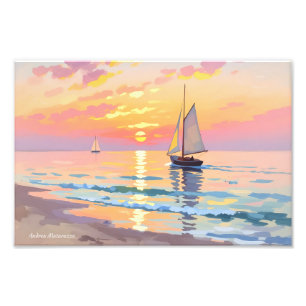 Impression Photo Un voilier au coucher du soleil sur la mer