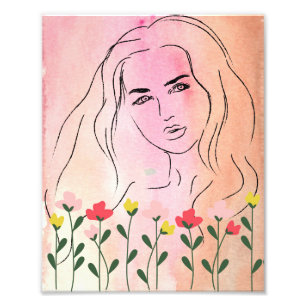 Impression Photo Une belle femme & Fleurs, Line art design