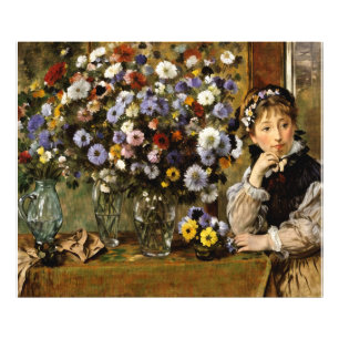 Impression Photo Une femme assise à côté d'un vase de fleurs