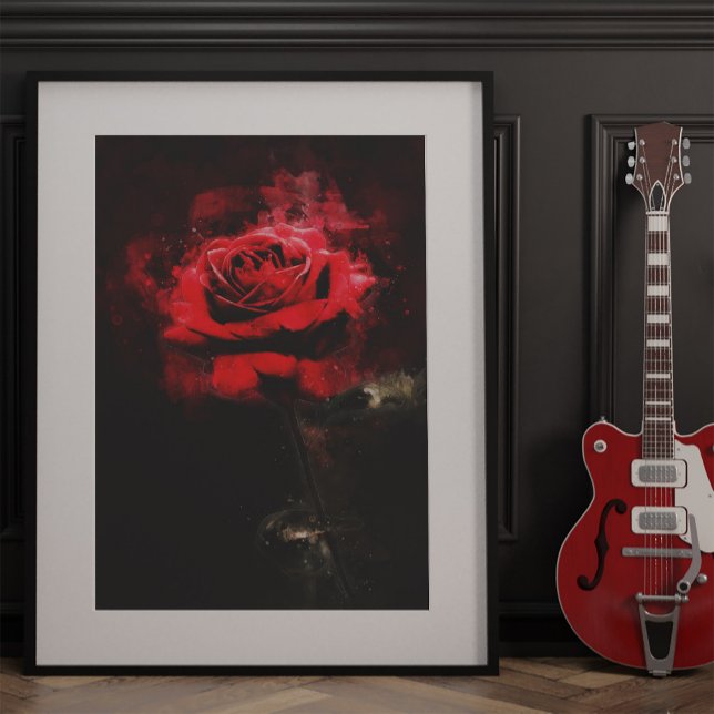 Impression Photo Une rose rouge aquarelle sur fond noir (One Red Rose Watercolor on Black Background. Photo Print)